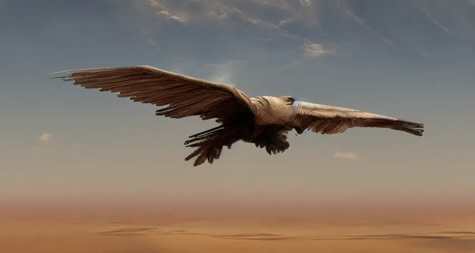 Image similar to artwork of a vulture flying over a desert, artstation