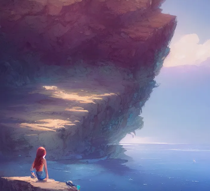 Image similar to a girl sitting on a cliffside overlooking the beach, blue waters, ripples, waves, reflections, details, sharp focus, illustration, by Jordan Grimmer and greg rutkowski, Trending artstation, pixiv, digital art