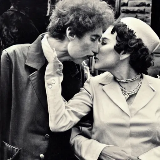 Image similar to bob dylan kissing the queen of england, photograph, high detail