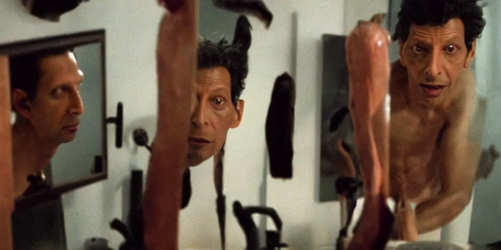 Prompt: ultra wide angle photo of jeff goldblum dressed as seth brundle is looking at himself in a bathroom mirror and seeing his reflection as the fly, a mutated insect version of jeff goldblum