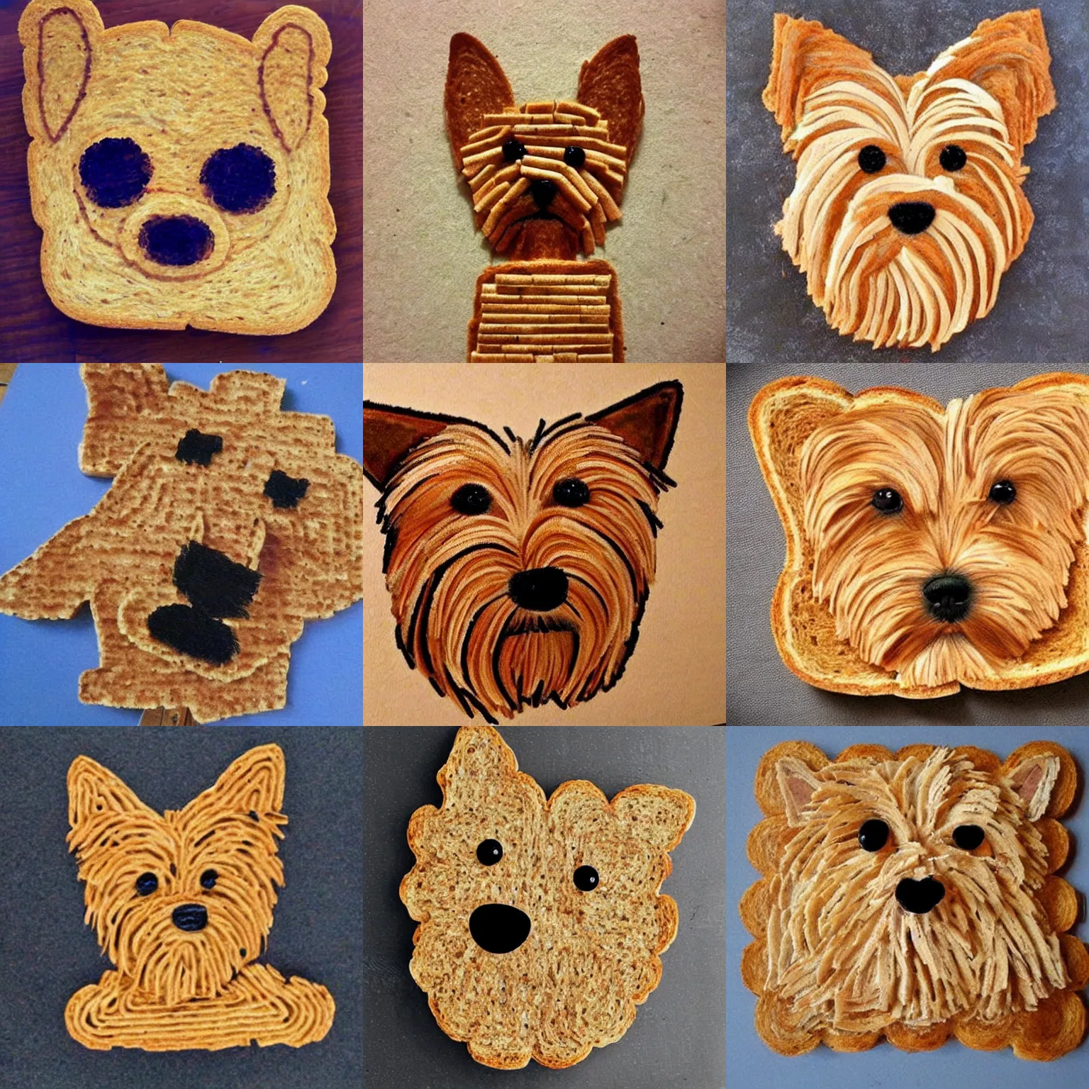 Prompt: a beautiful art of a very cute yorkshire terrier made out of toast.