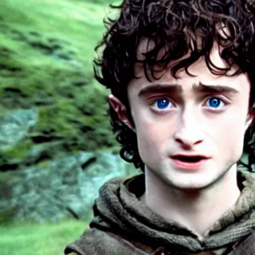 Image similar to Film still of a young Daniel Radcliffe as Frodo in Lord of the Rings: The Return of the King