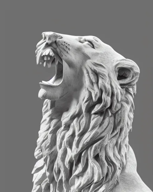 Image similar to a marble statue of a roaring lion, hyper realistic, 4 k, grainy marble, hyper detailed