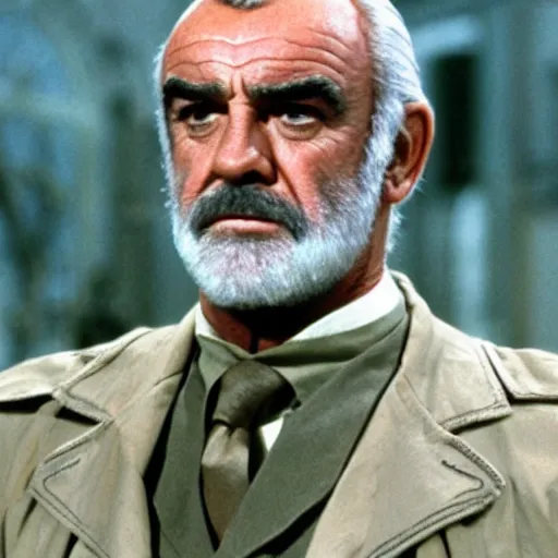 Prompt: sean connery as big boss, white hair, dim lighting, movie still