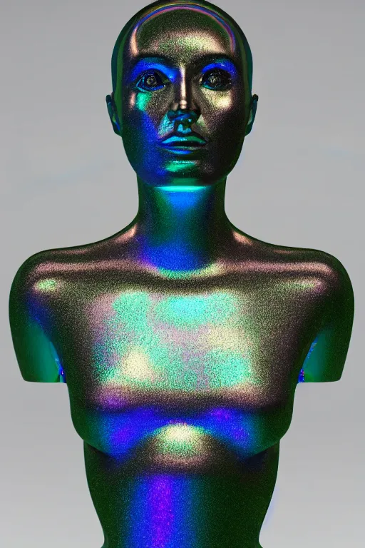 Image similar to 3d render of holographic human robotic bust made of glossy iridescent, bust, surrealistic 3d illustration of a human non-binary, non binary model, 3d model human, cryengine, made of holographic texture, holographic material, holographic rainbow, concept of cyborg and artificial intelligence