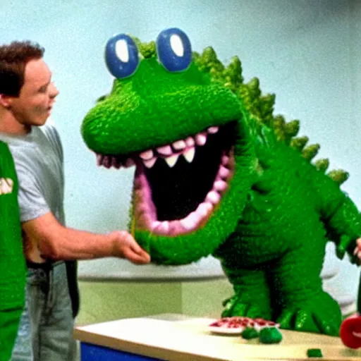 Image similar to Green Godzilla on Barney and Friends