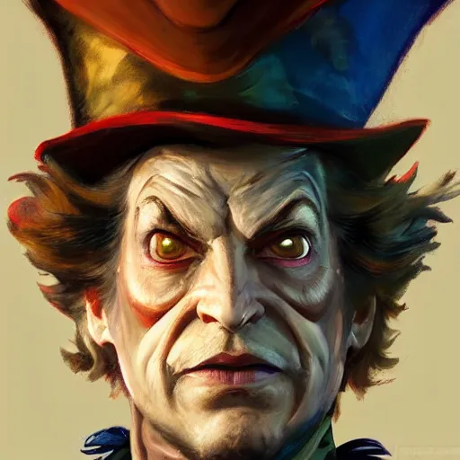 Image similar to greg manchess portrait painting of partially armored mad hatter from alice in wonderland as overwatch character, wacky, medium shot, asymmetrical, profile picture, organic painting, sunny day, matte painting, bold shapes, hard edges, street art, trending on artstation, by huang guangjian and gil elvgren and jesper ejsing