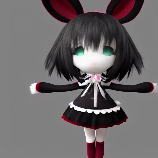 Image similar to cute fumo plush bunny girl, floppy ears, gothic maiden, alert, furry anime, vray, smile