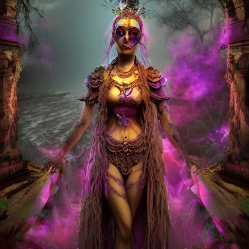 Image similar to a beautiful detailed 3d matte painting of female goddess of the dead, ominous, magical realism, texture, intricate, purple torn fabric, radiant colors, fantasy, trending on artstation, volumetric lighting, micro details, 3d sculpture, ray tracing