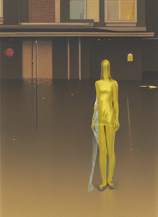 Image similar to futuristic woman dressed in transparent gold foil plastic bags with cutouts, on flooded street Edward Hopper and James Gilleard, Zdzislaw Beksinski, highly detailed