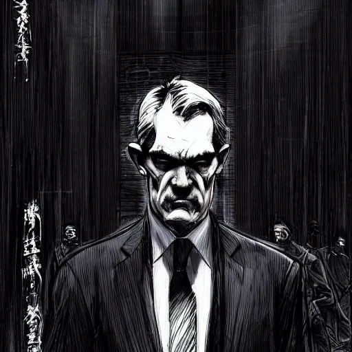 Image similar to Jerome Powell looking sinister, by Tsutomu Nihei, highly detailed