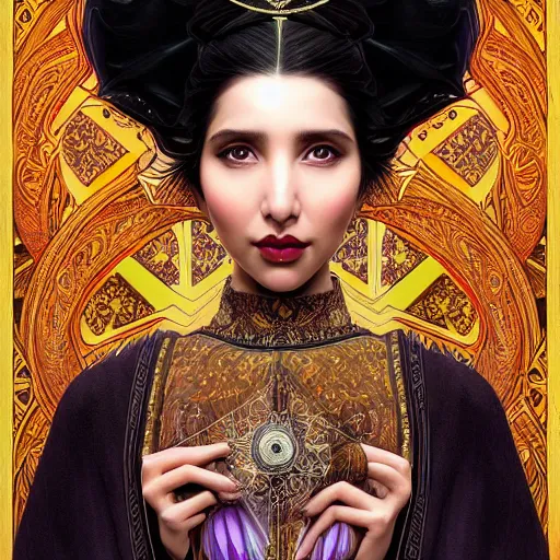 Prompt: head-on symmetrical centered painted portrait, Mahira Khan as a mage, black hair, ornate mage robe, art nouveau, tarot card style, medieval robes, fantasy, intricate, elegant, highly detailed, smooth, sharp focus, illustration, artstation, in the style of Artgerm and Anna Podedworna and Alex Ross and Mucha