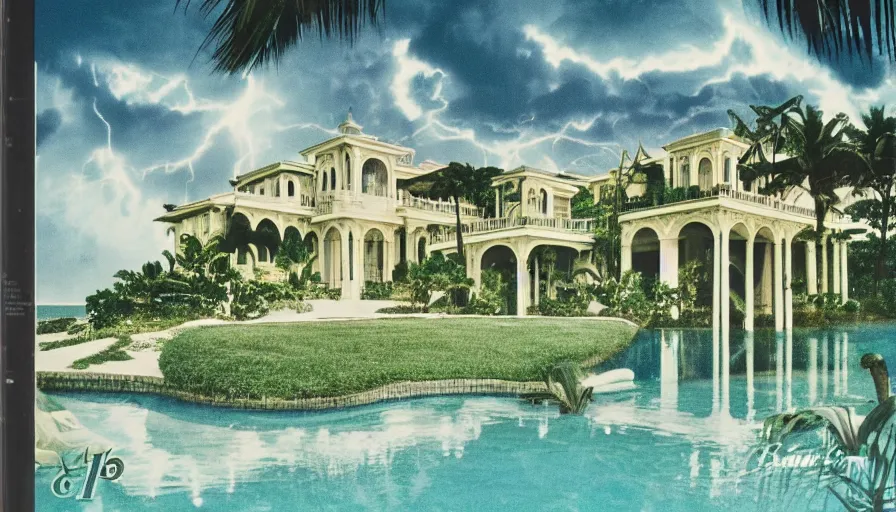 Image similar to A 1985 vintage magazine architecture photo of a mansion, mediterranean architecture, refracted lines and sparkles, thunderstorm outside, beach and tropical vegetation on the background major arcana sky and occult symbols, hyperrealistic 8k uhd, award-winning, 1985