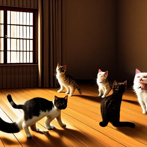 Image similar to many cats playing in a large colurful room, photorealistic, 4 k, highly detailed
