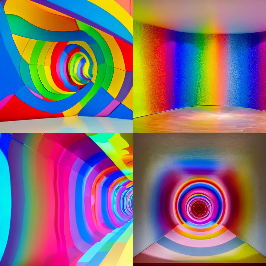 Prompt: a room with a bunch of different colored walls, an abstract sculpture by gabriel dawe, shutterstock contest winner, color field, colorful, vivid colors, vibrant colors