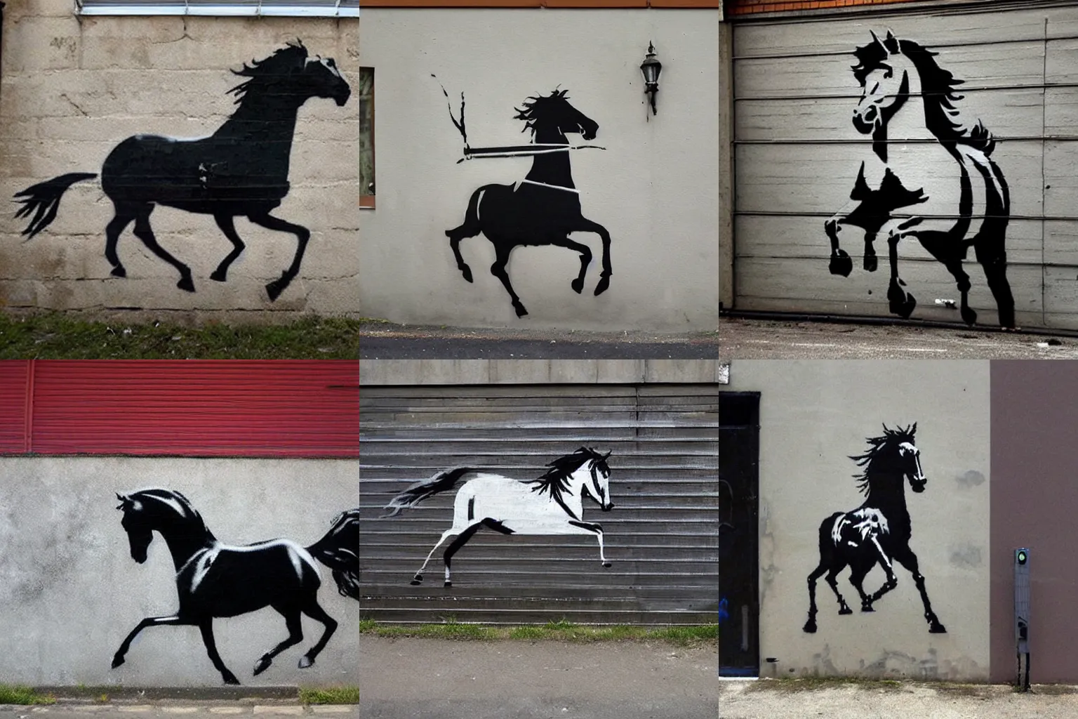 Prompt: angry running horse banksy style street wall art