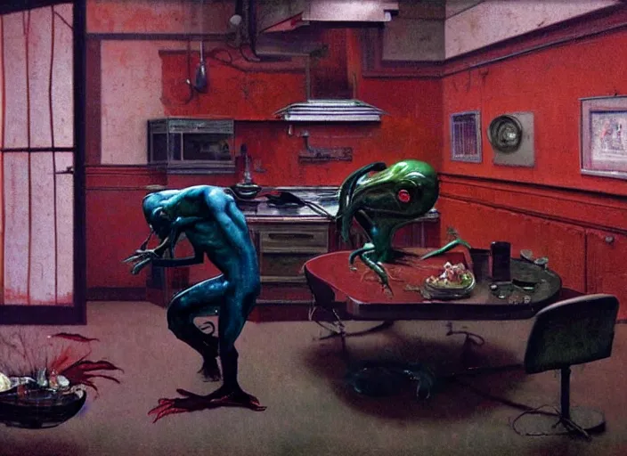 Prompt: a still from kitchen nightmares by francis bacon, surreal, norman rockwell and james jean, greg hildebrandt, triadic color scheme, by greg rutkowski, in the style of francis bacon and edward hopper and beksinski, dark surrealism, grand theft auto video game, a still from the film alien