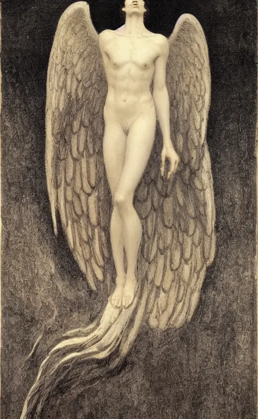 Image similar to Say who is this with black hair so dark and thin? beautiful lone single Male!! angel, Hades Death, in the style of Jean Delville,black glowing cloak, Fernand Keller, Fernand Khnopff, oil on canvas, 1896, 4K resolution, aesthetic, mystery