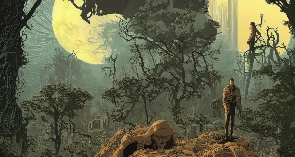 Image similar to poster artwork by michael whelan and tomer hanuka, portrait of druid in postapocalyptic city intertwined with nature and forest floating in in the clouds of jupiter, epic composition, clean, art deco