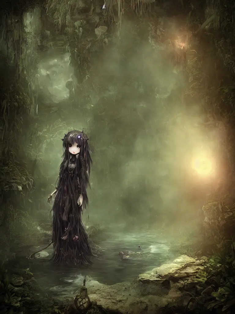 Image similar to cute fumo plush of a frail cursed witch girl wandering the depths of the forbidden jungle, gothic wraith maiden, wispy smoke and volumetric fog on the reflective surface of a pond, delapidated ruins, filmic, symmetric beauty, moonlight midnight glow, vignette, vray