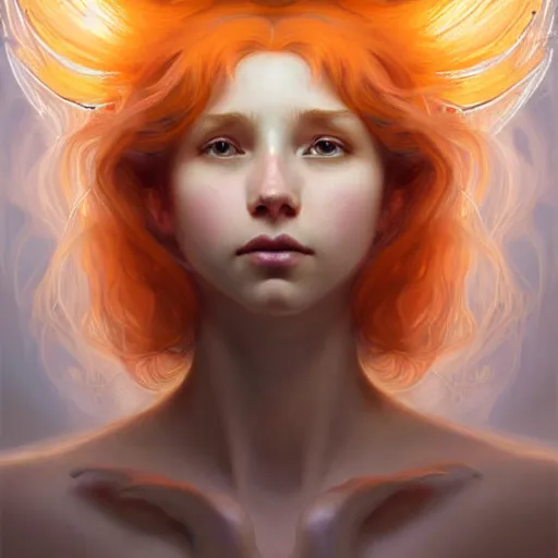 Image similar to Portrait of a girl angel with pale orange colored frizzy strands of illuminated hair, cat ears on her head, glowing halo, Lion's Mane, fantasy, intricate, elegant, highly detailed, digital painting, artstation, concept art, smooth, sharp focus, illustration, art by Krenz Cushart and Artem Demura and alphonse mucha