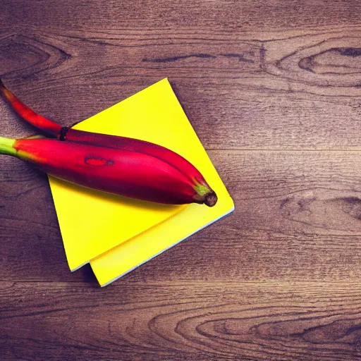 Image similar to photographic image of a red banana, on top of a yellow book, on top of a dining table, detailed, HD, cinematic