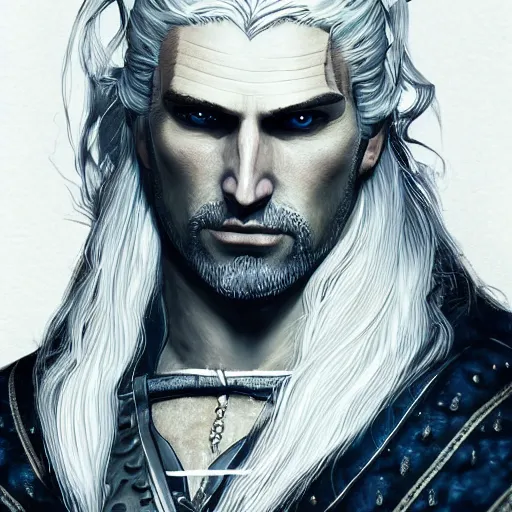 Image similar to portrait of geralt of rivia from the witcher 3, baroque style, elegant, beautiful, mesmerizing, concept art, fancy clothing, highly detailed, artstation, behance, deviantart, inspired by innocent manga, inspired by castlevania concept art, trending, ayami kojima, shinichi sakamoto