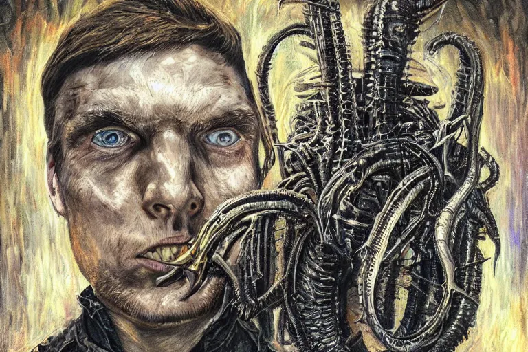 Image similar to portrait of streamer jerma 9 8 5, jeremy elbertson, painting by h. r. giger, lovecraftian horror, strands of being, metal album cover, high detail, sharp