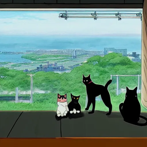 Prompt: a black cat fursona and pug dog fursona looking out over a city, Miyazaki, studio ghibli