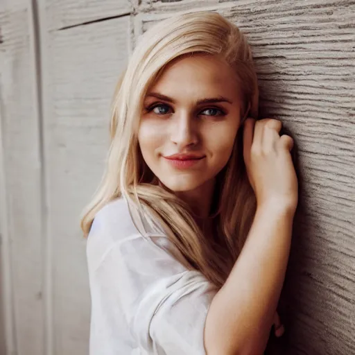 Prompt: Portrait photography of a Blonde Girl, Young Beautiful Face, Green Eyes, Freckles, Wearing a white crop-top and jeans, with a subtle smile, Charming, DSLR, cinematic lighting