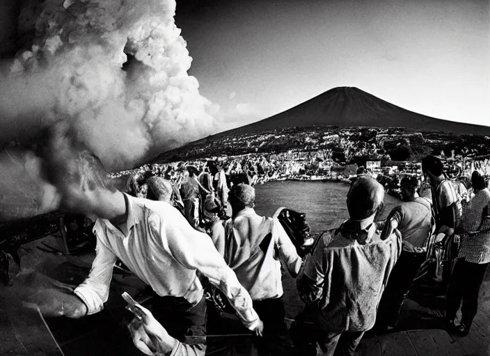 Prompt: old photo of average greeks drink wine and have fun against the backdrop of mount vesuvius starting to erupt by sebastian salgado, fisheye 4, 5 mm, diffused backlight