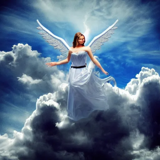 Prompt: a beautiful technological angel in the clouds