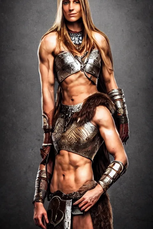 Image similar to full body portrait, thin muscular viking amazon warrior woman, 6 pack ab, symmetrical beautiful face, relaxed pose