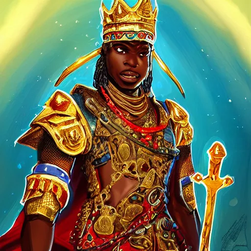 Image similar to a young black boy dressed like an african moorish warrior in gold armor and a crown with a ruby, and a very ornate glowing scimtar, for honor character digital illustration portrait design, by android jones in a psychedelic fantasy style, dramatic lighting, hero pose, wide angle dynamic portrait