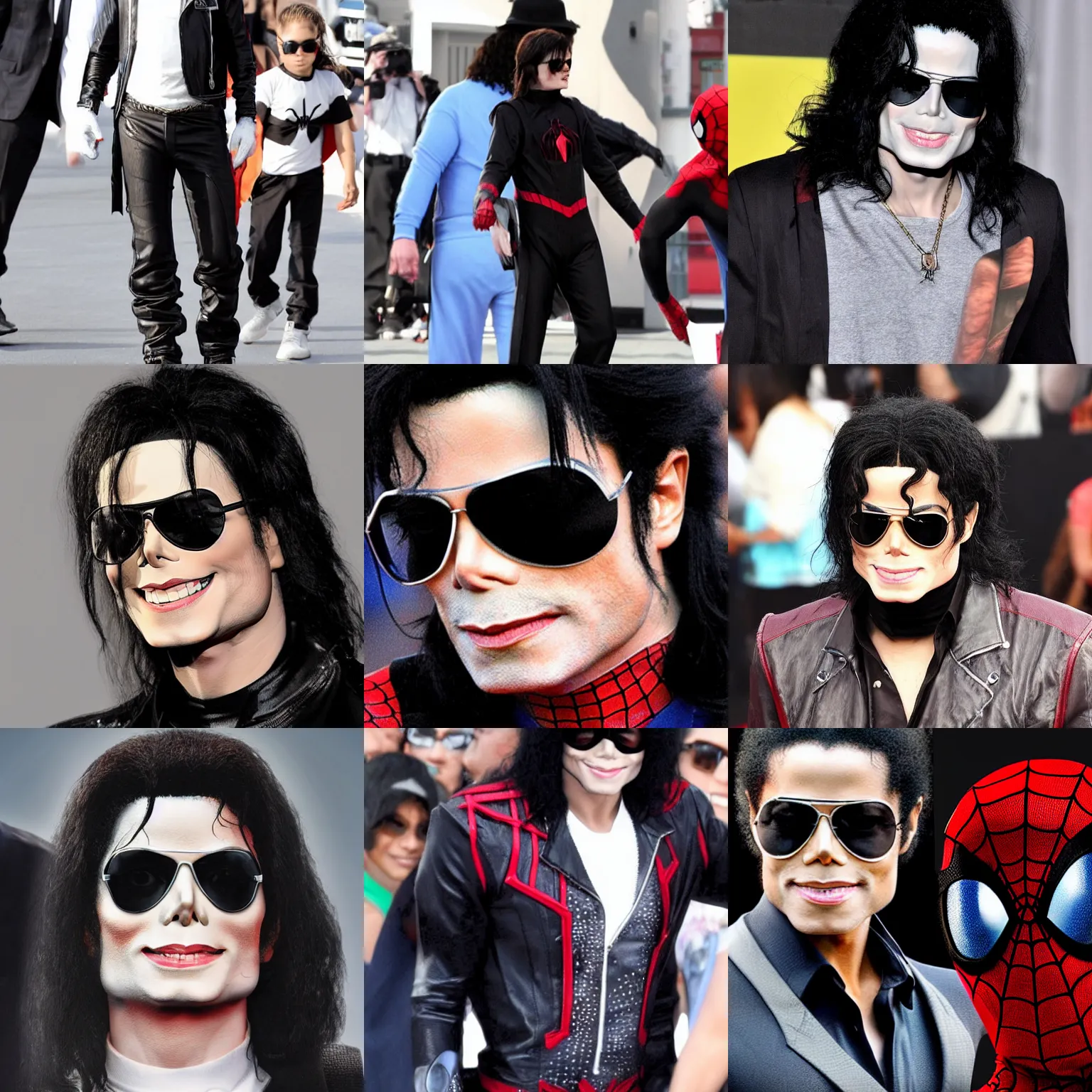 Prompt: michael jackson 2 0 0 9 with shades wearing high quality spider - man body suit, movie announcement, mcu, uhd, sharp, ultra realistic face, 4 k, cinematic, marvel, render, behind the scenes, leaked, set photo, detailed, modern, real life, sighting, photo real