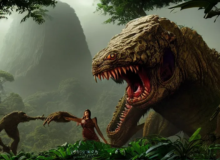 Prompt: giant monstrous aggressive scaled creature screaming at the camera, in the background a jungle, epic science fiction horror digital matte painting by Moebius and Mark Brooks (and Greg Rutkowski), extremely detailed, artstation