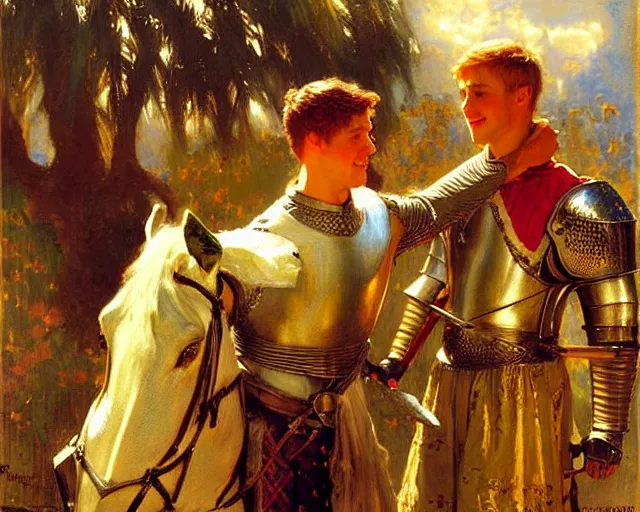 Image similar to arthur pendragon flirting wit his knight. the knight is also flirting back, highly detailed painting by gaston bussiere, craig mullins, j. c. leyendecker