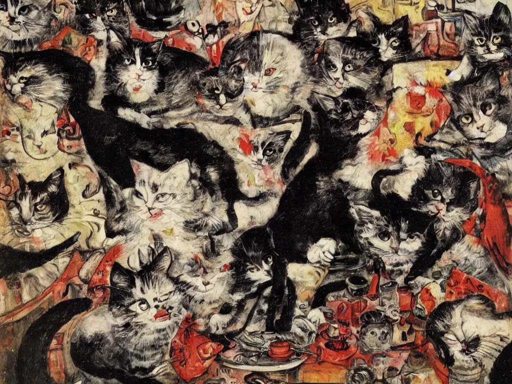 Image similar to cat breaking the china. Painting by Otto Dix