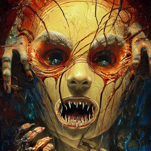 Prompt: vintage poster of a nightmare on elm street movie by karol bak, james jean, tom bagshaw, rococo, sharp focus, trending on artstation, cinematic lighting, hyper realism, octane render, 8 k, hyper detailed