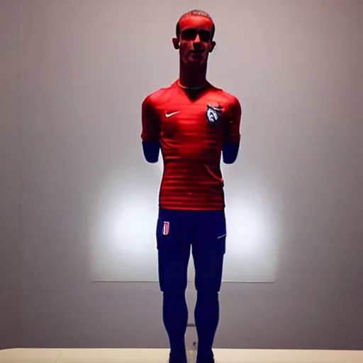 Image similar to “ a realistic detailed photo of a guy who is an attractive humanoid who is half robot and half humanoid, who is a male android, soccer player antoine griezmann, shiny skin, posing like a statue, blank stare, at the museum, on display ”