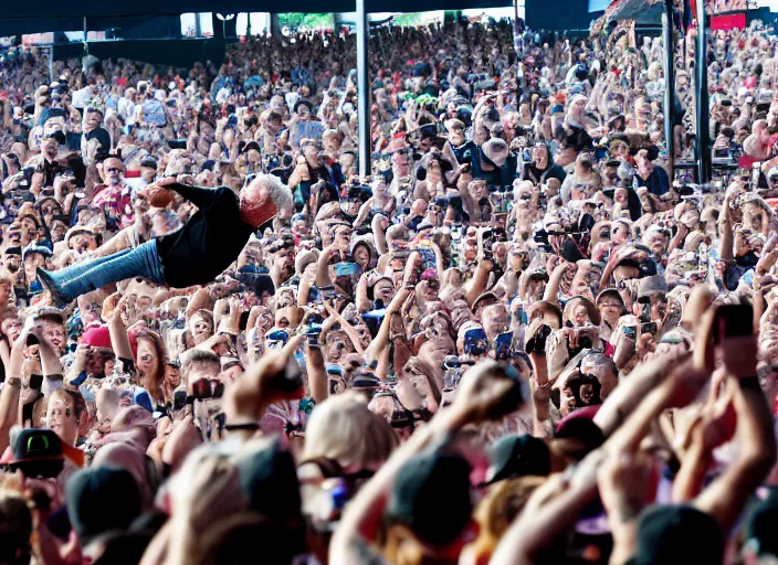 Prompt: photo still of clint eastwood on stage at vans warped tour!!!!!!!! at age 6 8 years old 6 8 years of age!!!!!!!! stage diving into the crowd, 8 k, 8 5 mm f 1. 8, studio lighting, rim light, right side key light