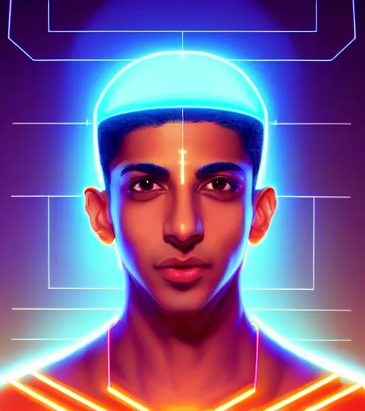 Image similar to symmetry!! egyptian boy prince of technology, solid cube of light, hard edges, product render retro - futuristic poster scifi, lasers and neon circuits, brown skin boy egyptian boy prince, intricate, elegant, highly detailed, digital painting, artstation, concept art, smooth, sharp focus, illustration, dreamlike, art by artgerm