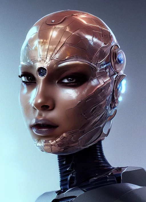 Image similar to beautiful portrait of an alien cyborg, style of Feng Zhu, Artstation geometric, aesthetic, big eyes, smooth skin, gothic make up, unique features, symmetrical, intricate crown, high fashion, streetwear, cyberpunk, detailed, octane render, cinematic, 8k, brown skin, retro sci fi film,