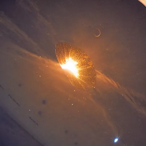 Prompt: image from the international space station of the moon crashing into earth