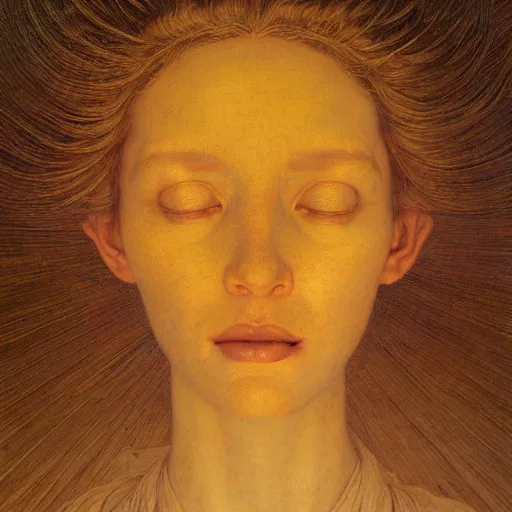 Prompt: Woman masterpiece, golden halo behind her head, by Edgar Maxence and Ross Tran, Zdzisław Beksiński, and Michael Whelan, distant, gustav dore, H.R. Giger, 8k, octane render, open eyes