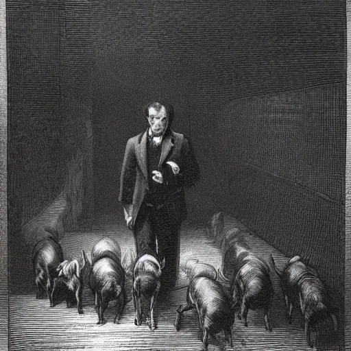 Prompt: a gentleman pig in a tuxedo, leading wild dogs on a leash, creepy, chiaroscuro, dark night, illustration by Gustave Doré,