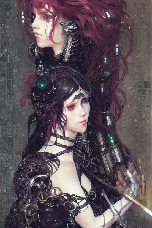 Prompt: portrait of beautiful young gothic maiden, cyberpunk, Warhammer, highly detailed, artstation, illustration, art by Gustav Klimt and Range Murata and Ilya Kuvshinov and RossDraws