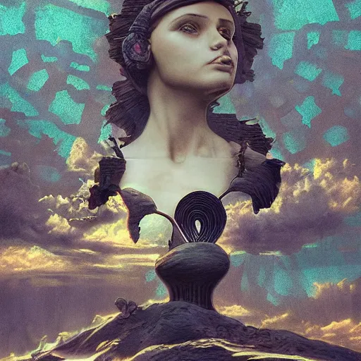 Prompt: peter tarka, minimalistic, hyperrealistic surrealism, award winning masterpiece with incredible details, epic stunning, infinity pool, a surreal vaporwave liminal space, highly detailed, trending on ArtStation, artgerm and greg rutkowski and alphonse mucha, daily deviation, IAMAG, broken giant marble head statue ruins, nightscape, milkyway