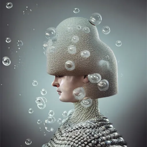 Prompt: medium shot of a woman wearing an armor made of thousands of bubbles. soft. fragile. by ray caesar. by louise dahl - wolfe. by anna claren. surreal photography. octane render