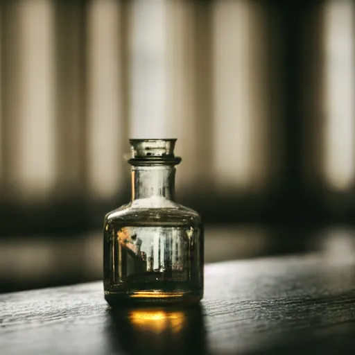 Prompt: macro shot of a health potion sitting on a table in the hall of a great castle